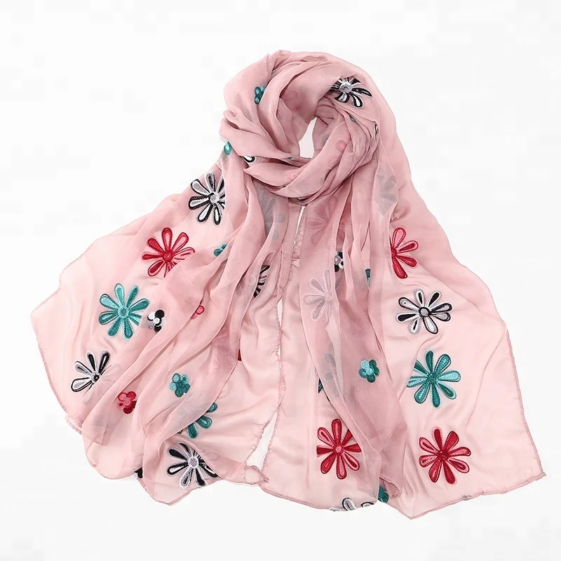 Wholesale Fashion Indian Nepal 2020 Elegant Women Spring Summer Literature And Art Embroidery Flower Silk Scarf Shawl Scarves