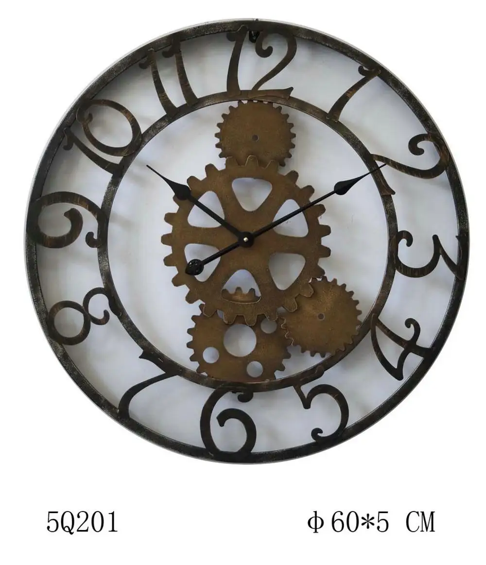 French style old 3D retro metal gear giant antique plastic wall clock for home decor