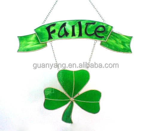 Metal Frame Irish Shamrock Suncatcher Wall Art Hanging Wholesale Custom Stained Glass Home Decoration Folk Art Craft Customized
