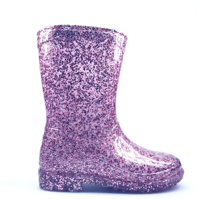 Hot Selling With Glitter Girls Lovely PVC Transparent Cheap Safety Kids Rain Boots