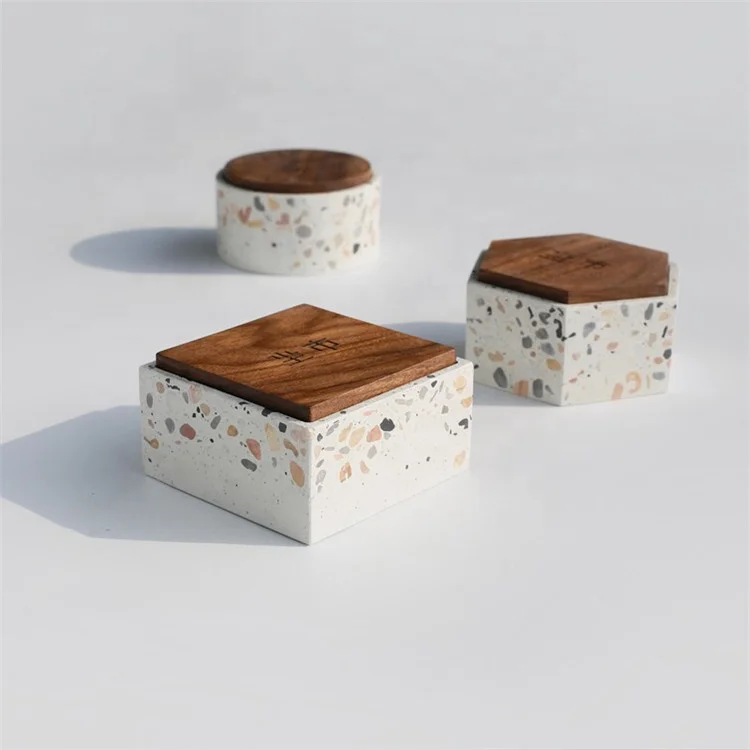 Cylinder terrazzo wedding decor candle stand holder / gifx box ceramic candle jar with wooden lid