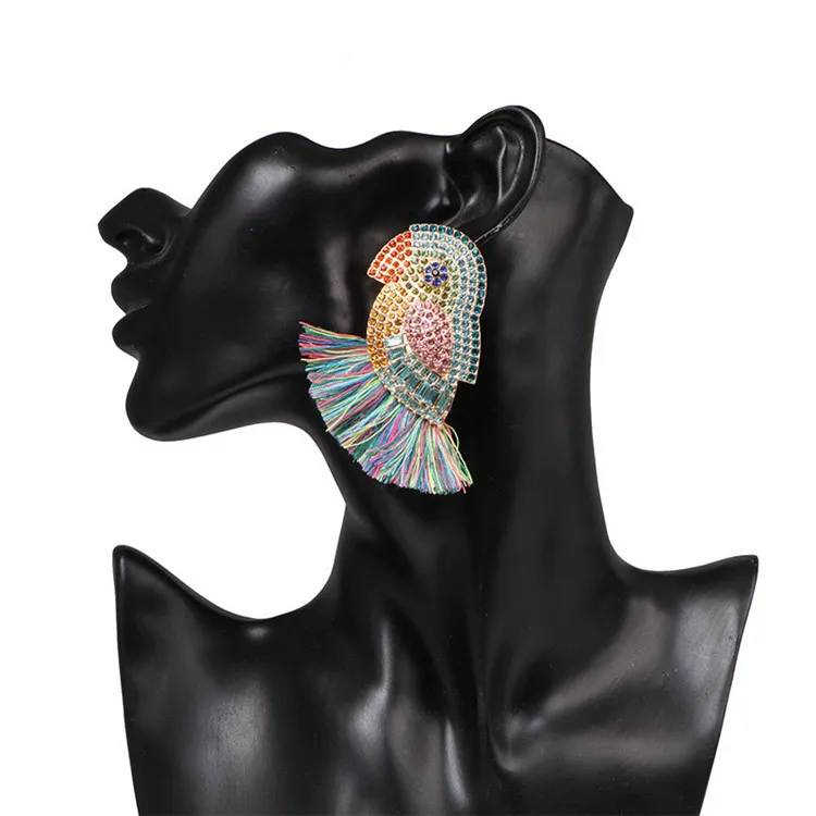 Unique Design Boho Colorful Fish Crab Flower Parrot Bird Tassel Drop Dangle Statement Crystal Earring For Bridal Wedding Jewelry