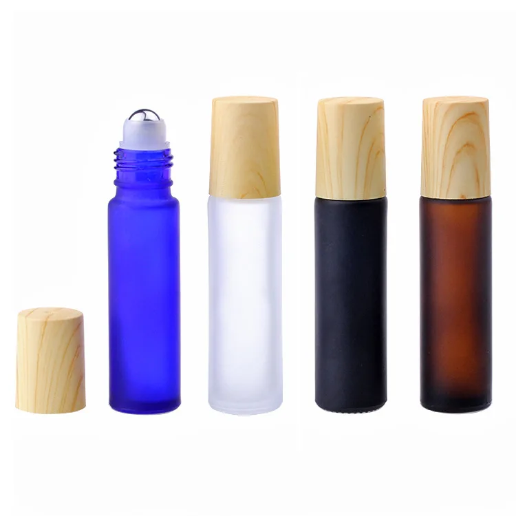 10 ml roll on bottle perfume Frosted Glass roller ball bottles roll on with wood caps blue amber black clear