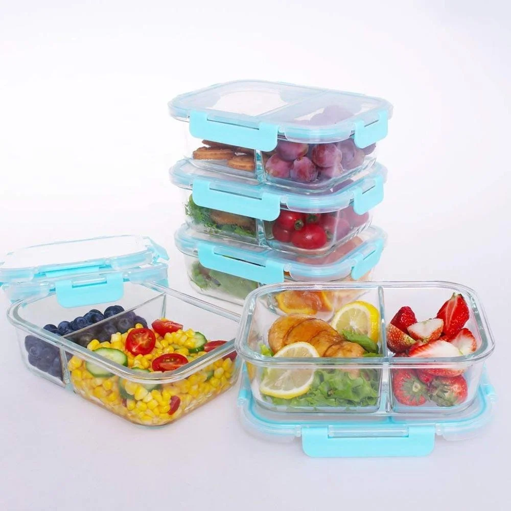 Amazon Hot Selling 5 Pcs Glass Meal Prep Containers 2 Compartment set with Removable Snap Lids