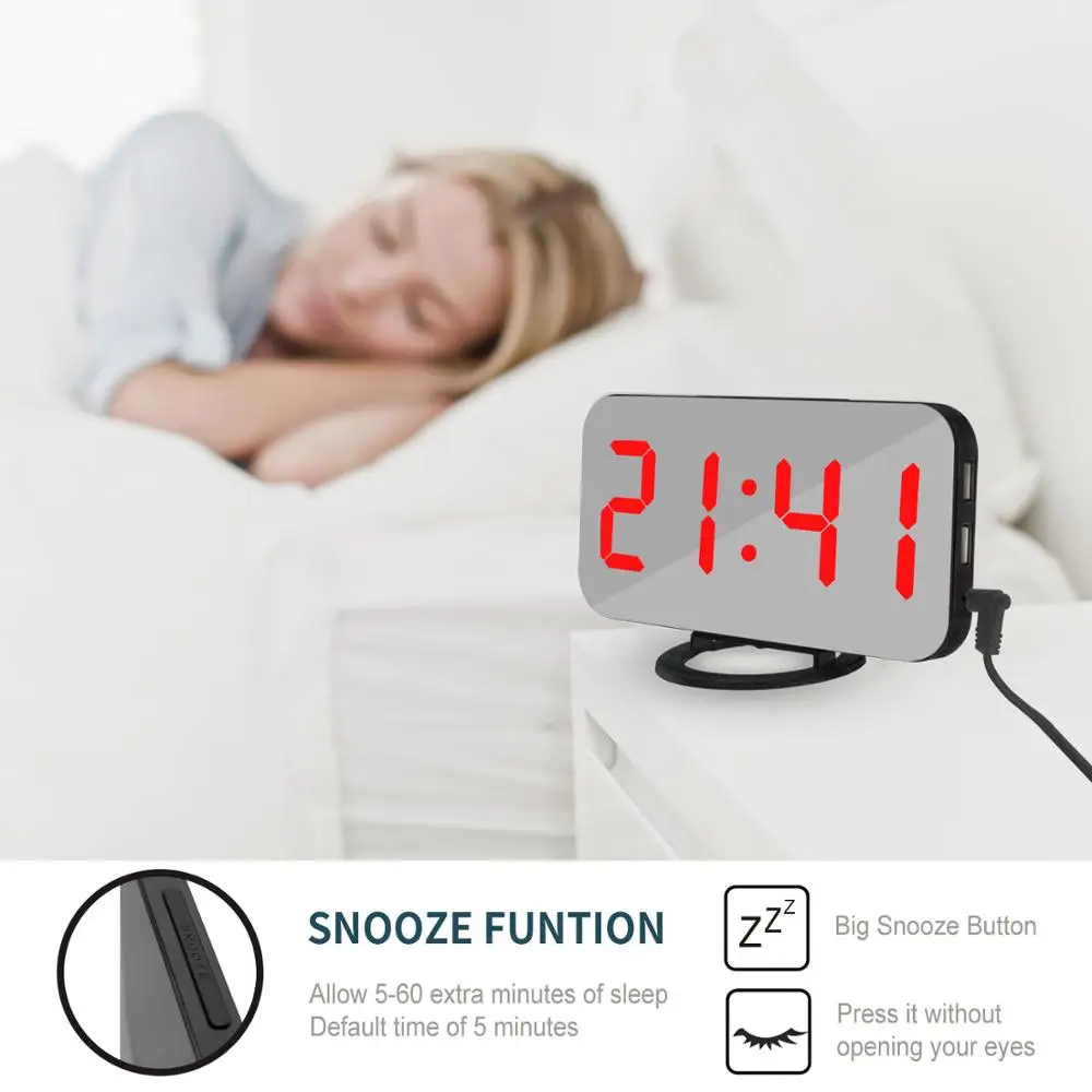 Large LCD Screen Mirrored Alarm Clock Digital Decorative Hotel Office Home Decor Clock with Dual USB Charging Station