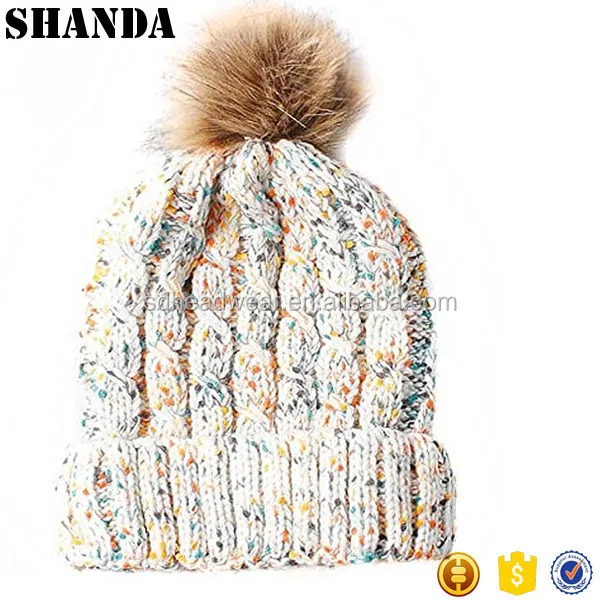 Womens chunky White Multi Cable Knit Beanie Hat with Brown Faux Fur Pompom