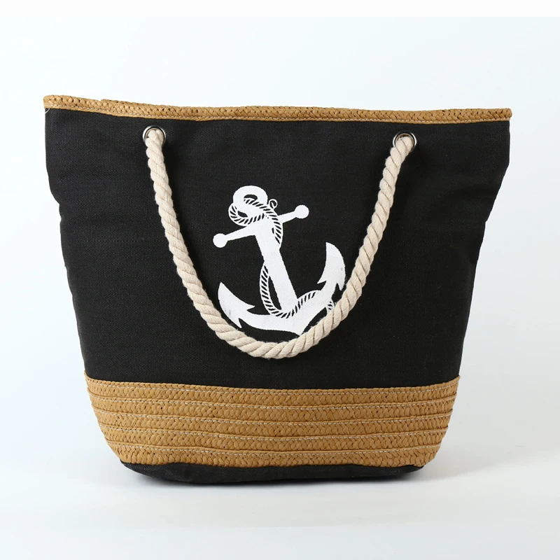 Women straw weaving summer tote beach bag women Newest pictures lady fashion handbag canvas tote bag with rope handle