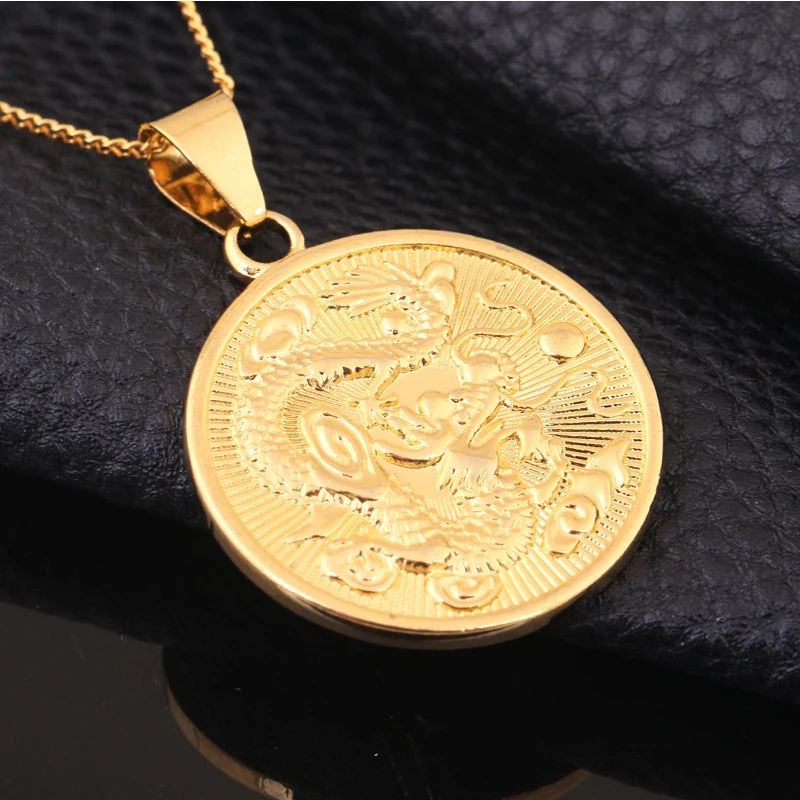New Design High Quality 18K Gold Plated China Dragon Round Necklace Pendant For Men