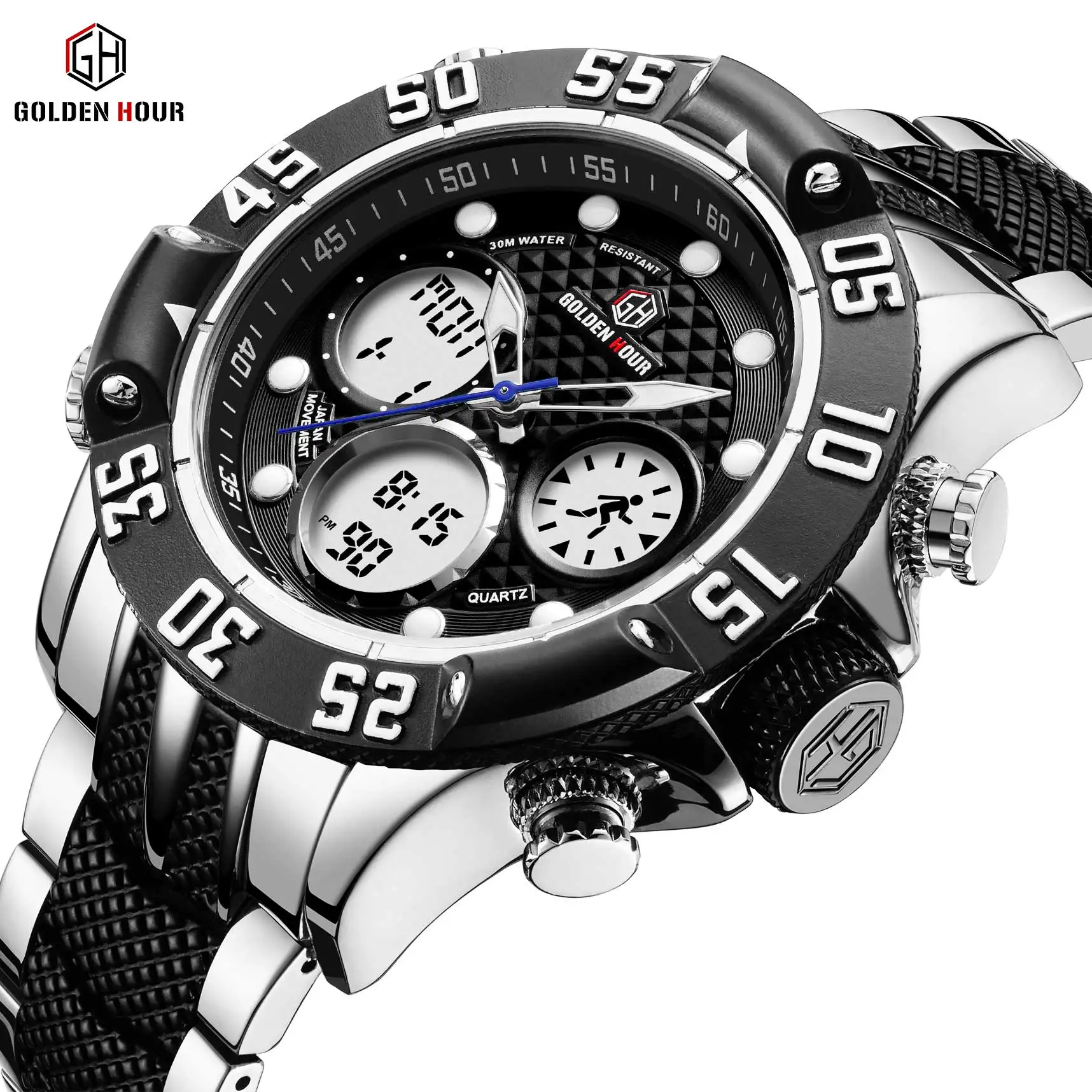 
GOLDENHOUR Top Brand Men Military Sport Watches Mens LED Analog Digital Watch Male Army Stainless Quartz Clock Relogio Masculino 