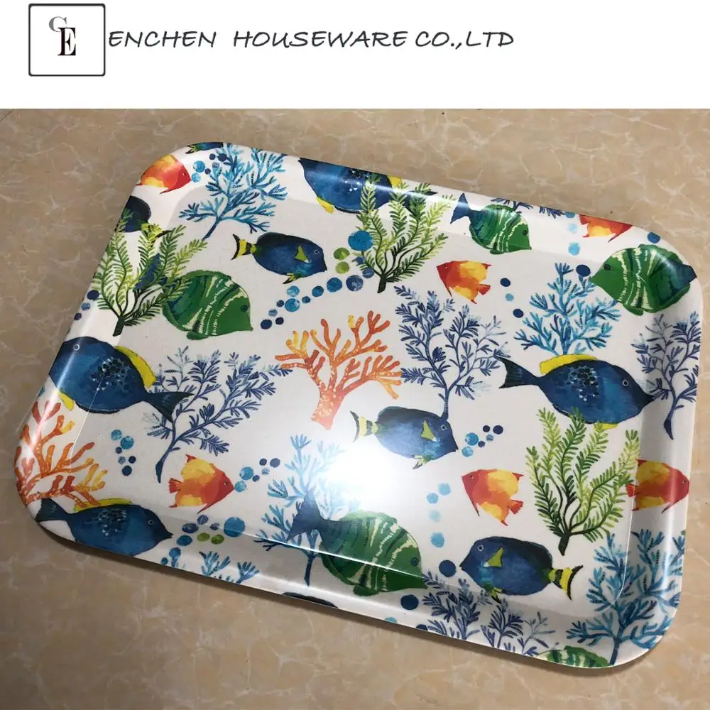 Wholesale cheap price custom printed design hotel restaurant buffet rectangle 100% melamine rolling food serving trays