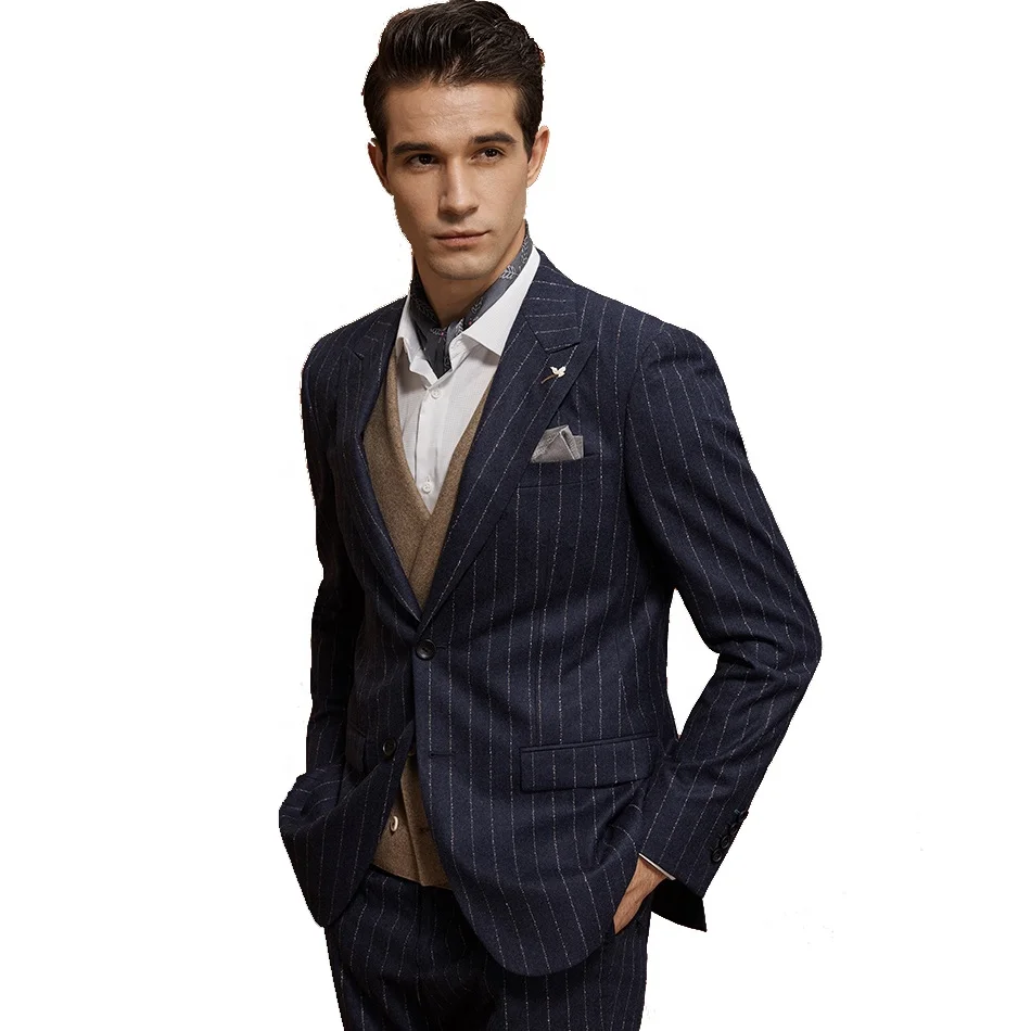 2019 Amazon top sale high quality three piece navy color stripe suit