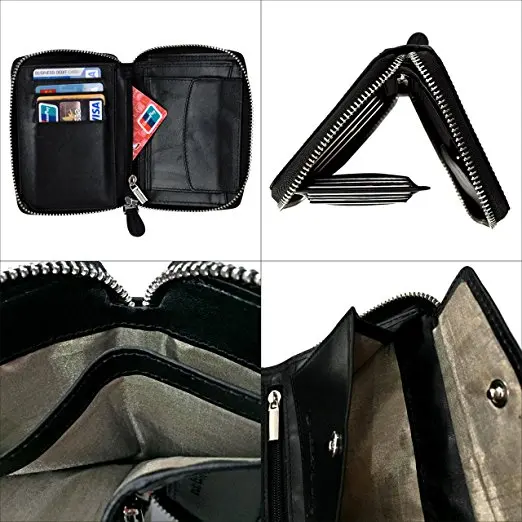 Large Capacity Men RFID Blocking Wallet Genuine Full Grain Black Leather with Zip Around Opening Trifold