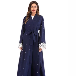 Beading Pearl Lace Kimono Cardigan Muslim Hijab Dress Turkish Islamic Clothing Plus Size Robe Malaysia Abaya Dubai Kaftan Women