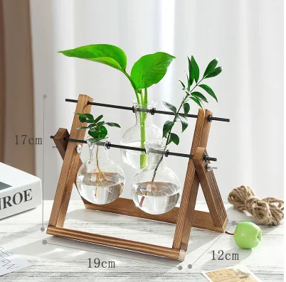 Modern Minimalist Clear Swing Glass Terrarium Vase Set Small Tabletop Ornament with Wooden Frame Base for Pot