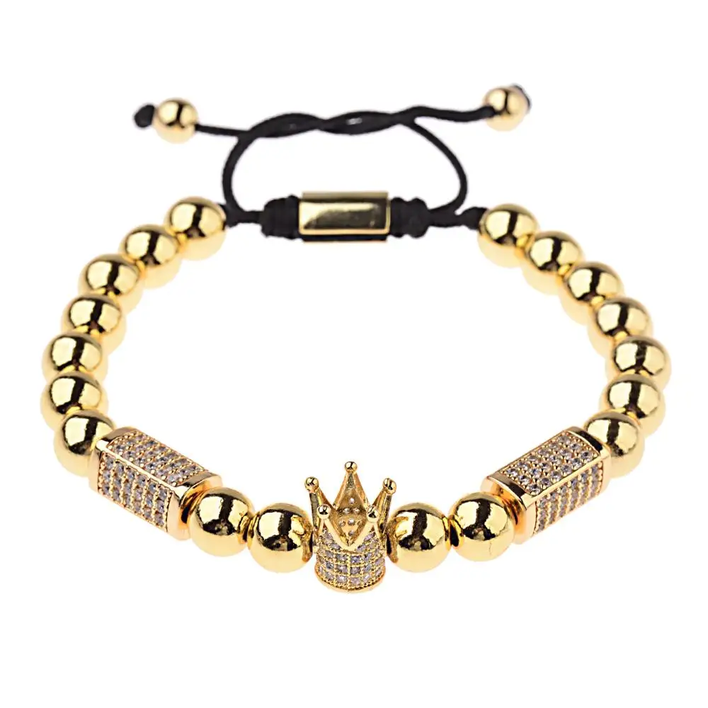 No Fade 8mm Real Gold Plated Copper Bead Micro Pave CZ Imperial Crown Charm Braided Macrame Bracelet Pulseira Masculina
