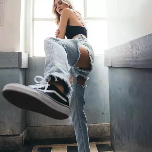 Xuhui Пользовательские Женские сексуальные рваные джинсовые брюки, стирка воды, синий рваные дырки, свободные женские джинсы с высокой талией