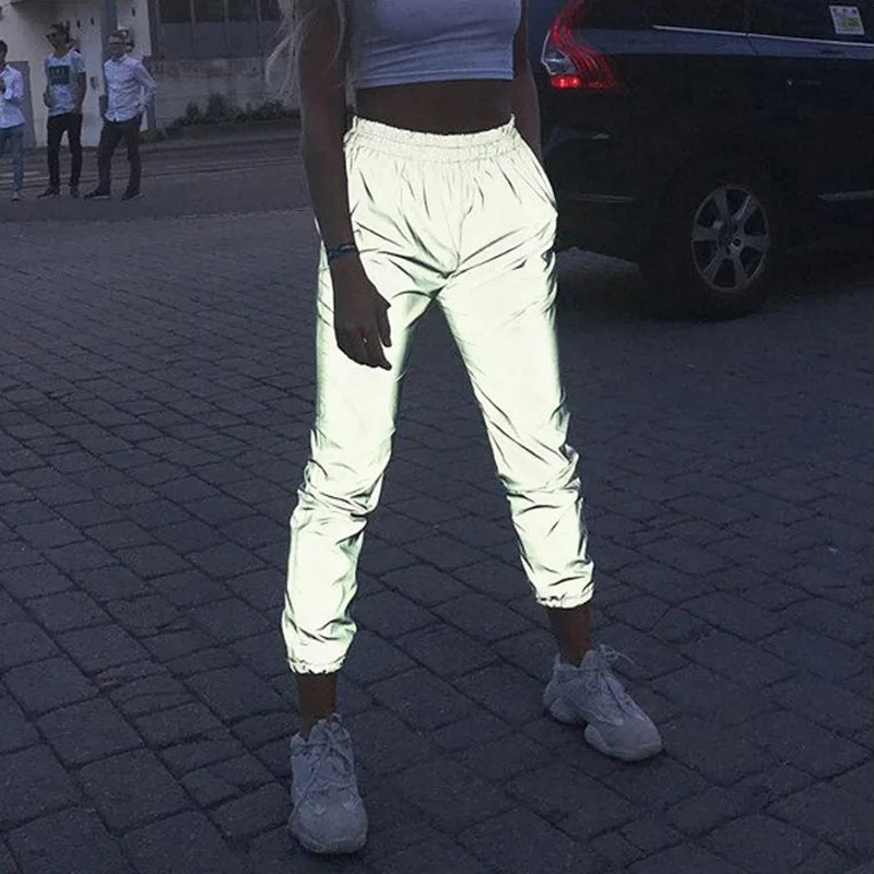 
Custom unisex high waist reflective trousers bf wind loose basketball hip-hop hip hop hips reflective joggers 