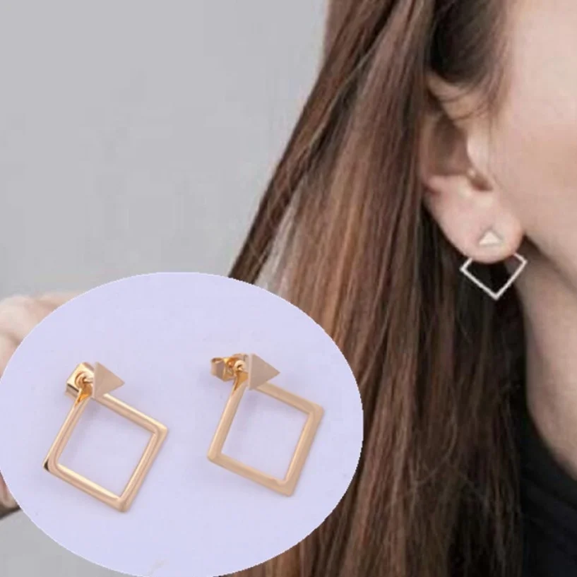 Women New Gold Platning Hollow Stainless Steel Stub Minimalist Triangle Earrings