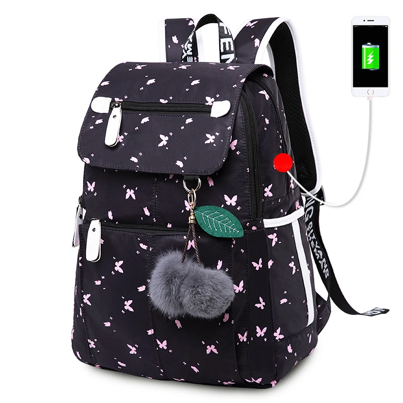 
women canvas printing college student backpack girls book bag wholesale school bags for teenagers with usb charging 