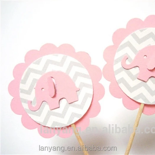 Customized Round Pink Elephant Girl Cupcake Picks Baby Shower Birthday Party Cake Decor Toppers