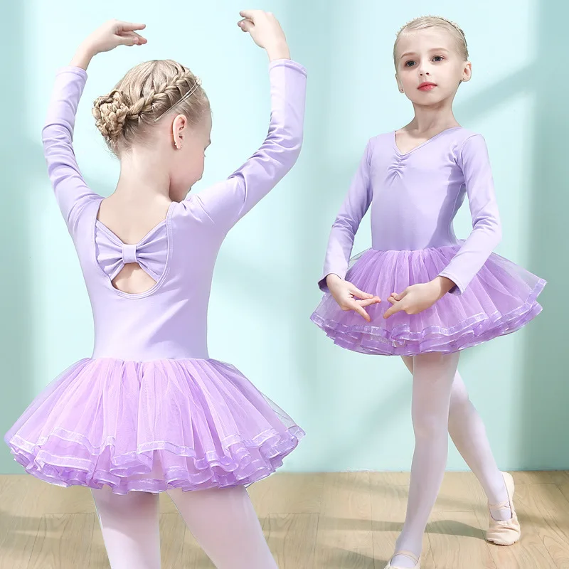 Kids Girls Long Sleeve Ballet Dress for Gymnastics Professional Ballet Tutu Children Costume Ruffle Dress Teen Girls Dance Dress
