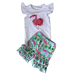 Girls Boutique Clothing 2pcs Puff Sleeve Flamingo Embroidery T Shirt Printed Flamingo Shorts Clothing Sets Children Clothes
