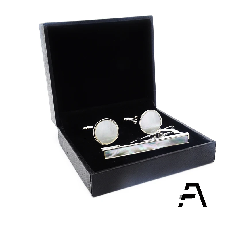 Jewelry Stainless Steel  Mother of Pearl cufflink and tie clip set