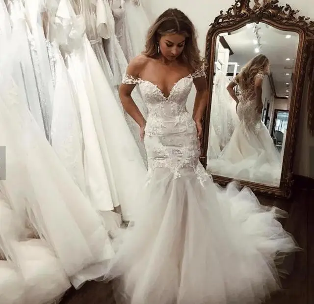 Backless Tulle Off Shoulder Wholesale Turkey Reception Applique Mermaid Lace Wedding Dress
