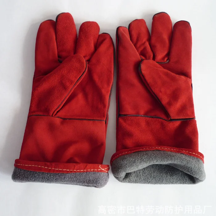 Red Color Long Warm Winter Lining Flannelet Cow Split Leather Tig Welding/Arc/Mig Sleeve Heat Resistant Protective Gloves