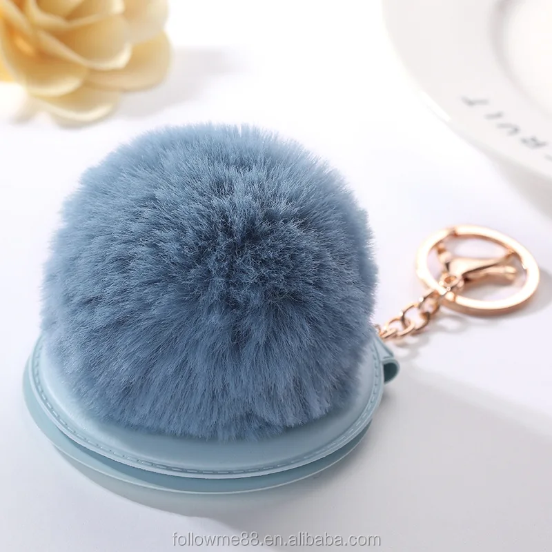 Mirror Pendent Fluffy Rabbit Fur Pompom Keychain for female gift
