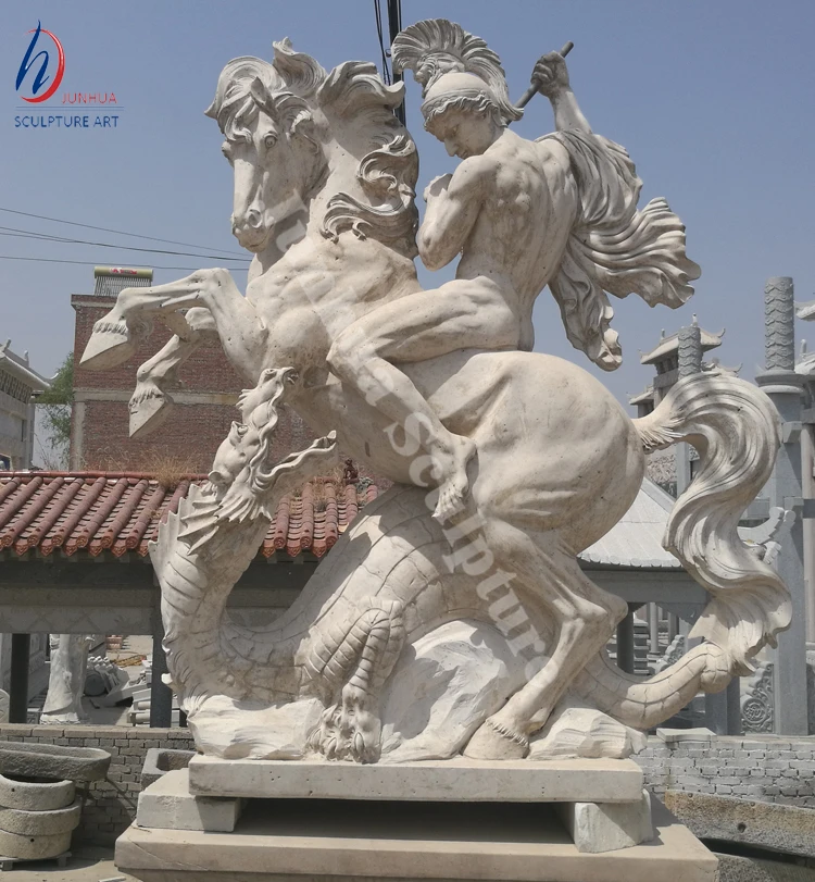 Life Size Natural Travertine Stone Marble Saint George Statue Fighting with Dragon Sculpture