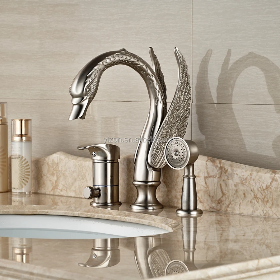 Wholesale And Retail Luxury Animal Swan Brushed Nickel Deck Mounted Bathtub Faucet 3 Hole Single Handle Mixer Tap W/ Hand Shower