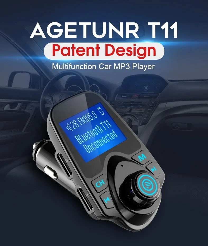 AGETUNR T11 Bluetooth V5.0 mp3 FM transmitter with AUX, dual USB Output, DC5V 2.1A charging, display car voltage Stereo Player