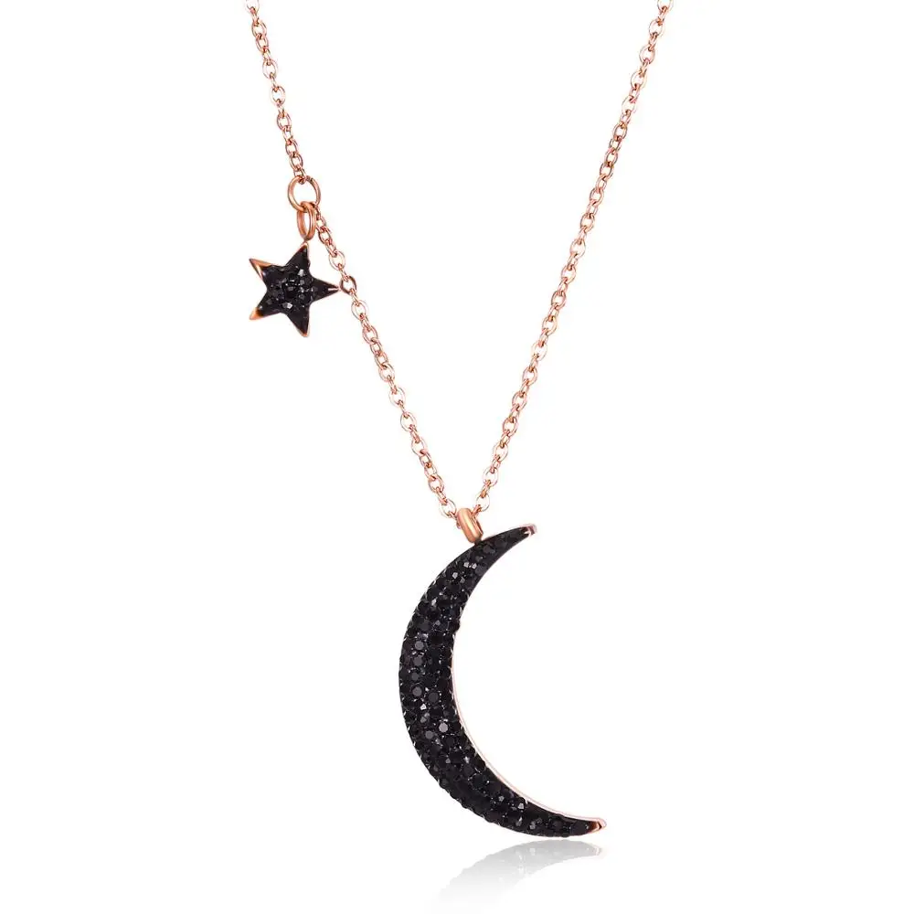 Titanium steel black crystal crescent moon and star necklace women