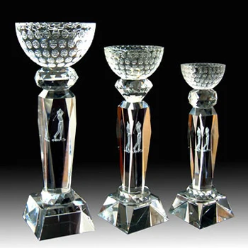 Golf crystal glass trophy with trapezoid base 3d laser logo for Tournament trophies