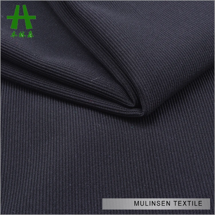 Однотонная окрашенная черная трикотажная османская ткань из полиэстера и спандекса тянущаяся в рубчик с принтом бумаги для одежды брюк