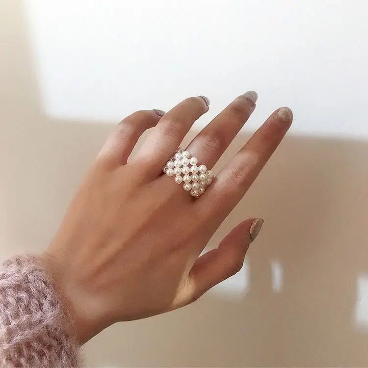 Wholesale  Fashion New Arrived Handmade Custom Plastic Jewelry Korean Braided Pearl Ring For Women