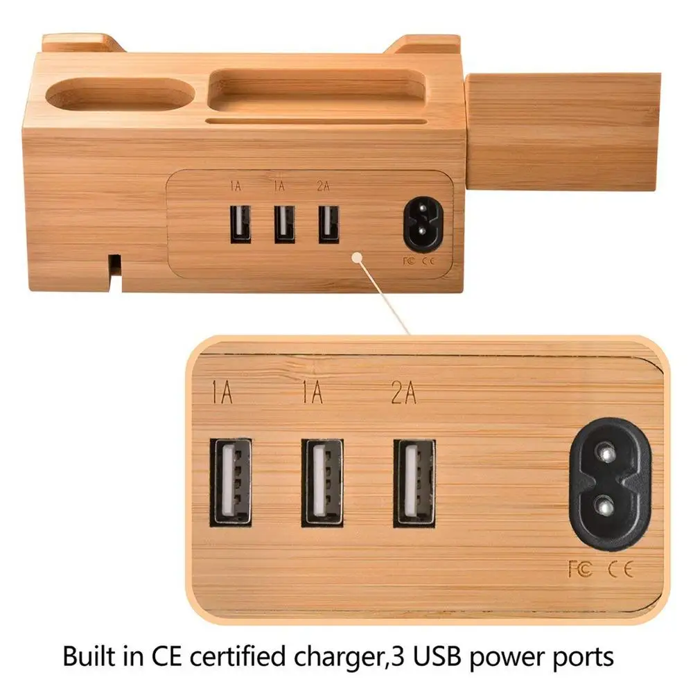 Bamboo Wood USB Charging Station Desk Stand Charger 3 USB Ports Charger Stand for Phone Watch Earbud With Cable Store Design