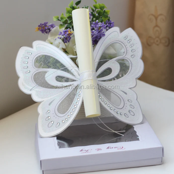 Hot sale luxurious elegant white laser cut butterfly scroll wedding invitations
