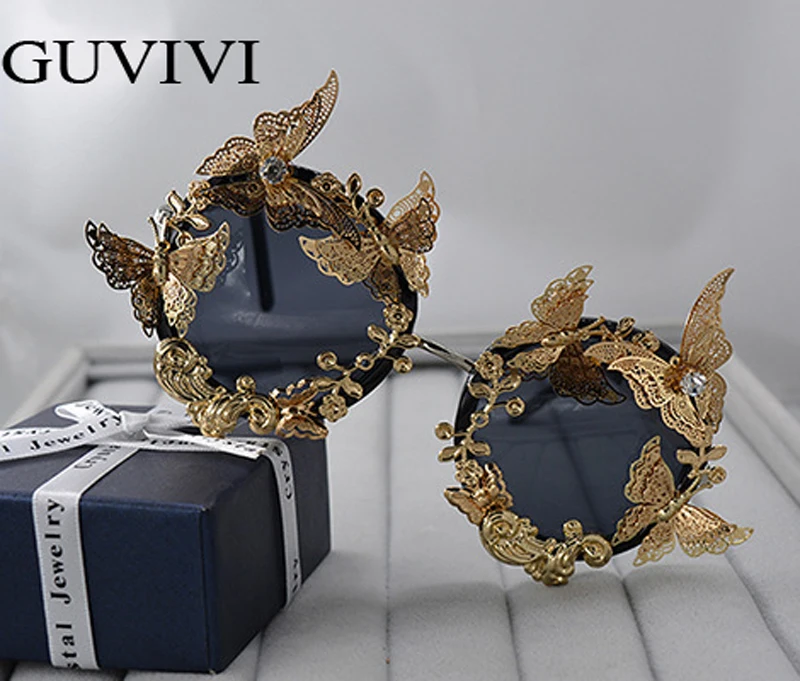 GUVIVI Round sunglasses butterfly relief Womens sunglasses trendy new rhinestone vintage Luxury sunglasses