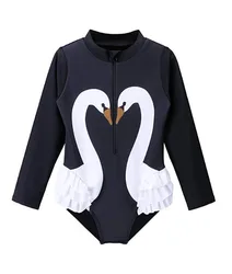 Kids Girls Rashguard Swimsuit UV 50+ Long Sleeve One Piece Black Swan  Swimwear 4-11Y