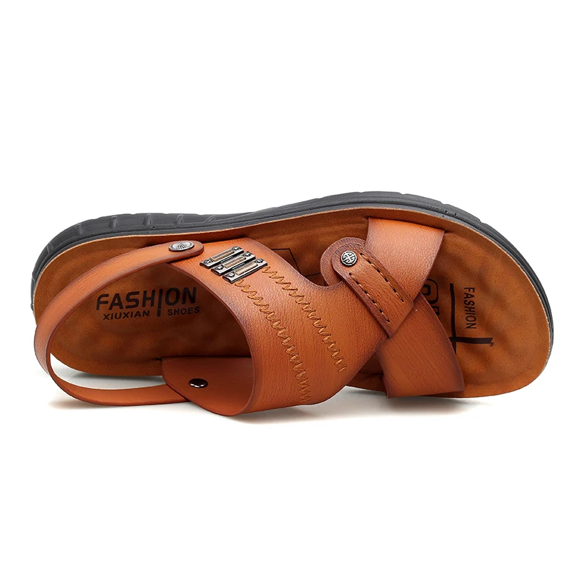 Мужские модные пляжные шлепанцы, сандалии с плоской подошвой, дышащие мужские кожаные шлепанцы, новинка 2019