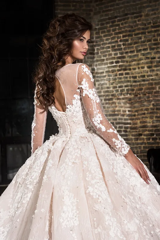 Arabic Dubai Wedding Dress Women Long Sleeve Wedding Gown Bateau Neck Bridal Dresses 2021 Ball Gown Vestidos Vestido de novia