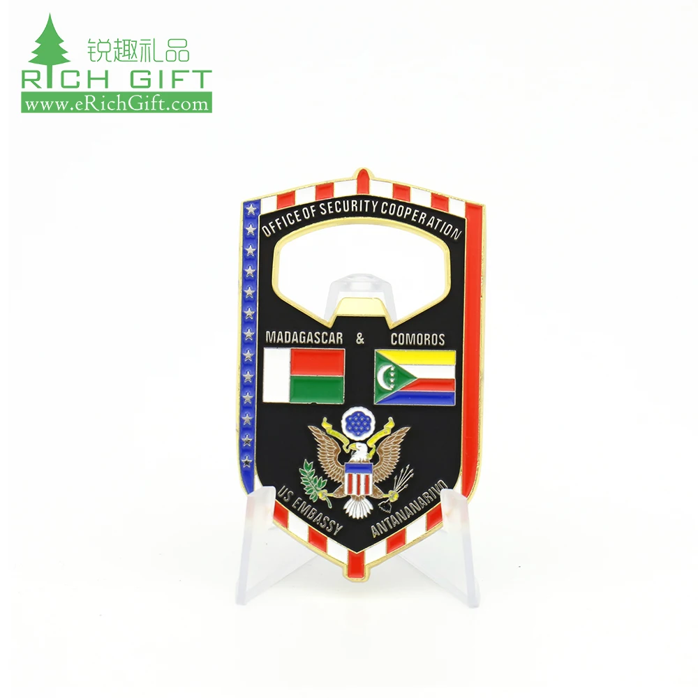 Free sample custom cute vivid coin metal nickel plating epoxy enamel 3D embossed carp fish logo coin bottle opener