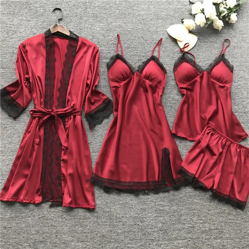 
Pyjamas Women Sleepwear Robe Lace Sleepwear Nightwear Girls Sexy Night Dress Lounge Wear 4 Pieces 