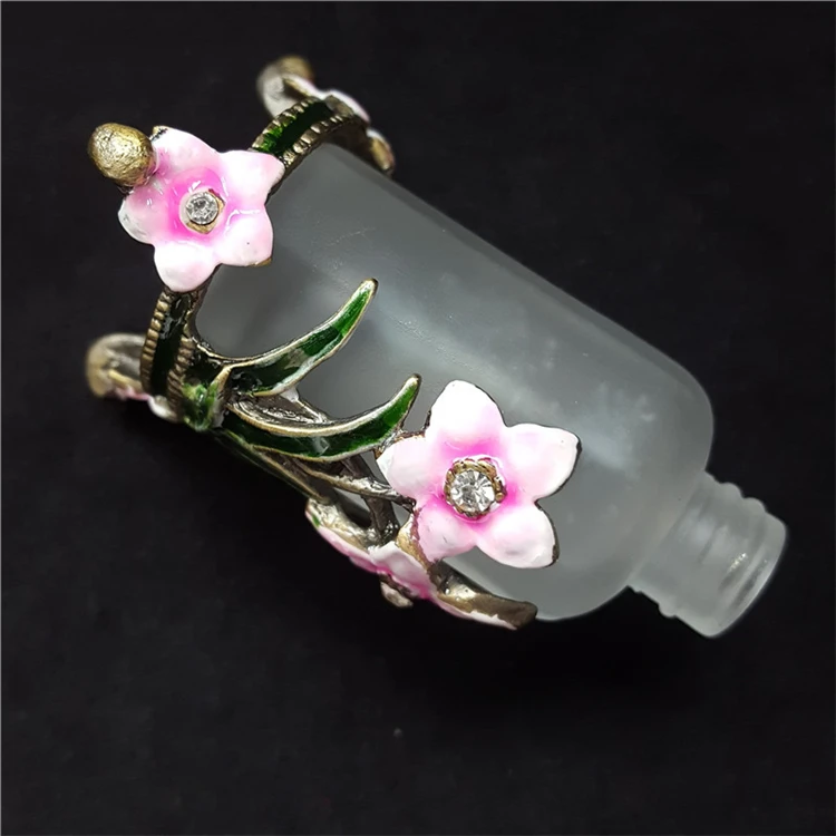 Pink Flower Decorated Frog White Perfume Glass Bottle 15ml with Metal Diamond Stick Cap
