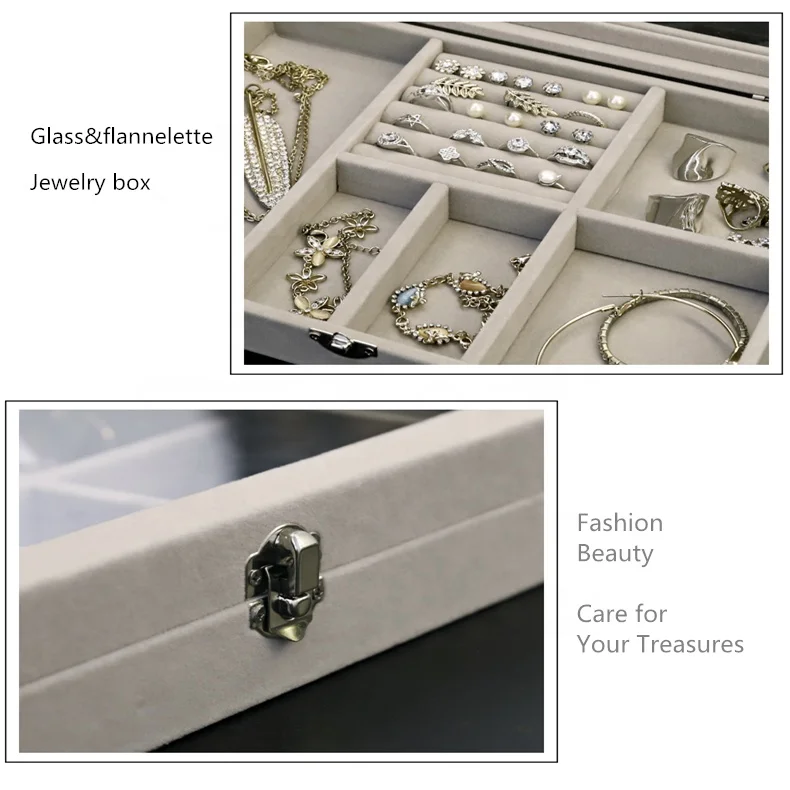
Glass flannelette Acrylic Tray Showcase Display Ring Luxury Storage Boxes Organizer Velvet Jewelry Box 