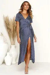 2019 Summer Women Long High Split Navy Blue Polka Dot Print Maxi Dress