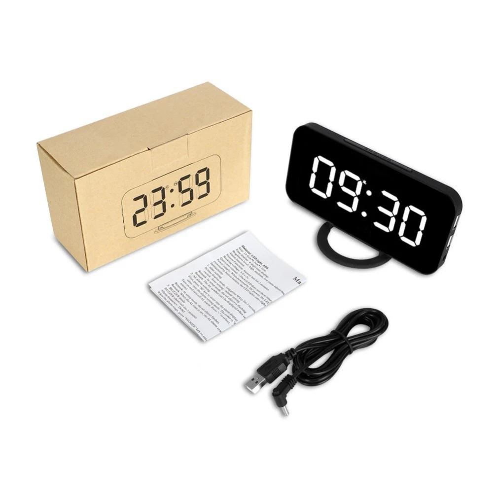 Smart LED Digit Light Large Mirror LCD Screen Digital Table Alarm Clock with Dual USB Charger -Wall hanging or free standing