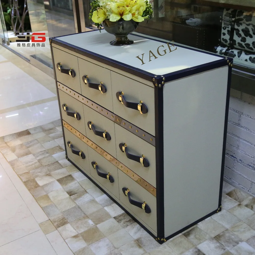 China factory direct hot sale classic wood leather cabinet with 9 DRAWERS